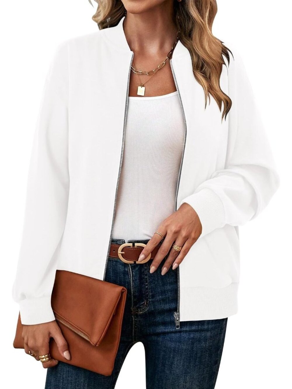 🆕 Women's White Bomber Jacket Solid Zip Up Casual Lightweight Outerwear Coat